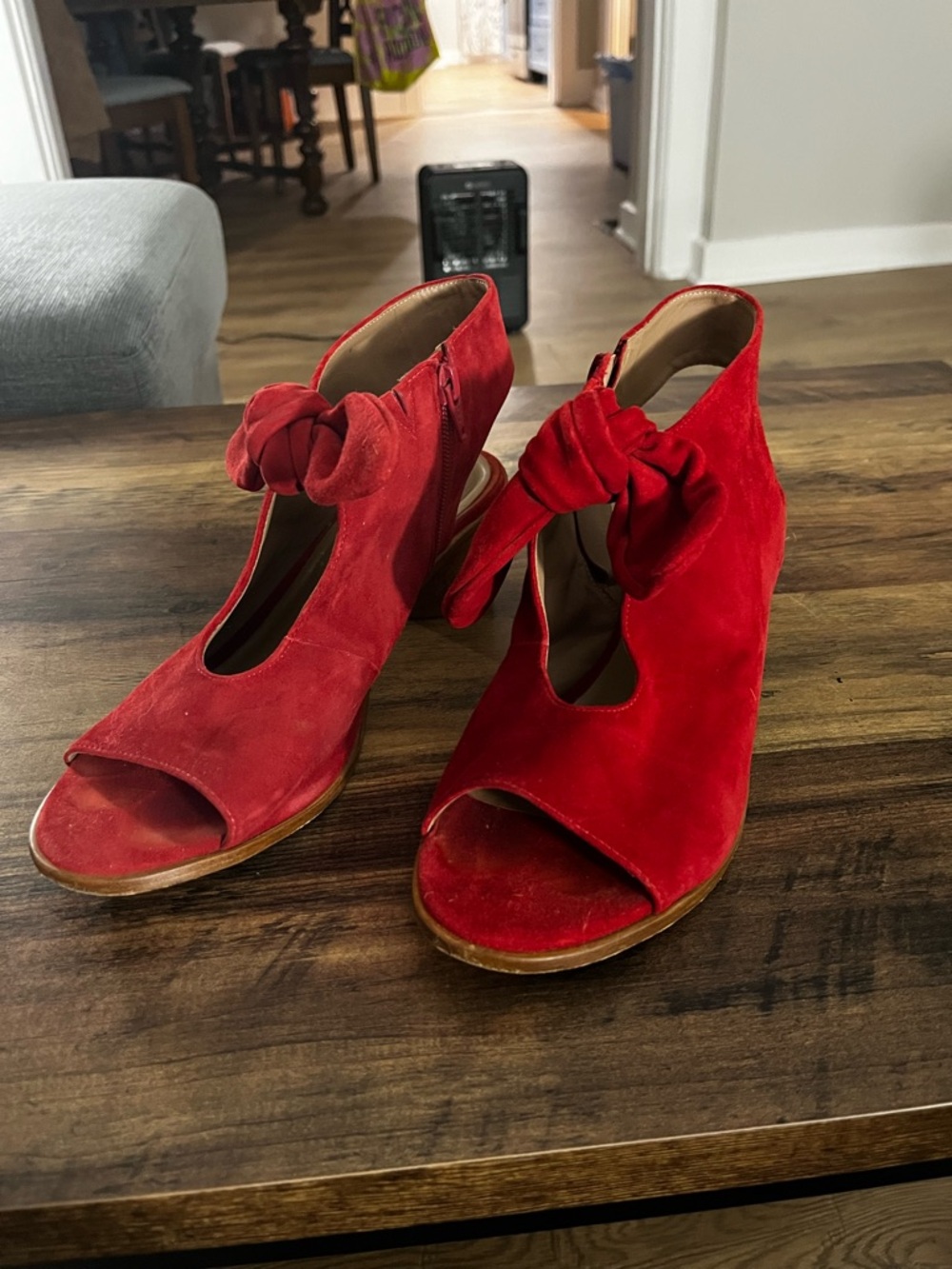 Bernardo Red Suede Knotted Peep-Toe Heels